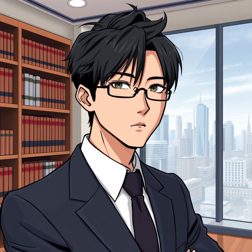 A Korean manga character, depicted as a sharp-looking lawyer without a beard, featuring neatly styled black hair