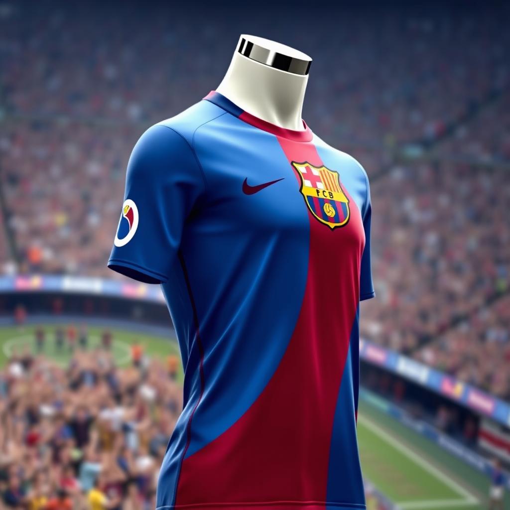 A stylish, modern representation of a Barcelona football jersey, featuring the iconic blue and garnet colors, with the team's logo prominently displayed