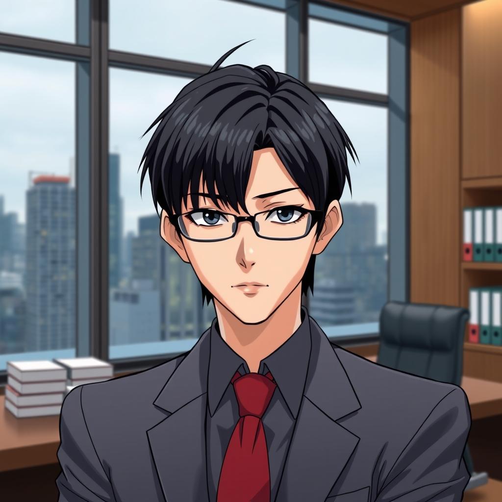 A manga character who is a Korean lawyer with a sharp gaze and neat black hair