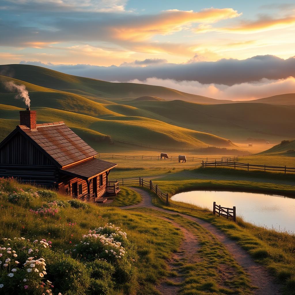 A serene and idyllic rural landscape captured in the golden light of dawn, featuring rolling hills covered with lush green grass and blooming wildflowers