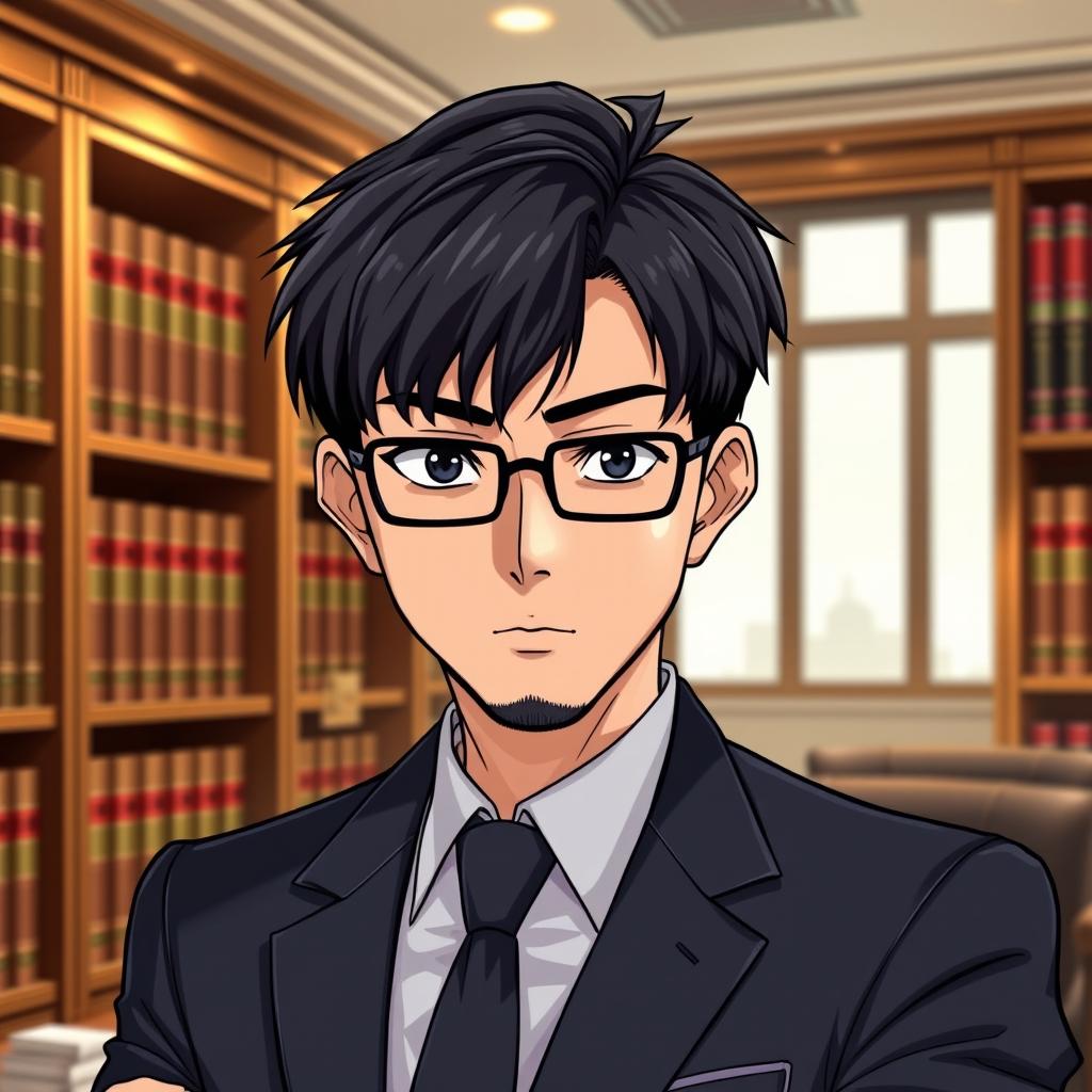 A Korean manga character depicted as a sharp-eyed lawyer without a beard, featuring neatly styled black hair and no glasses