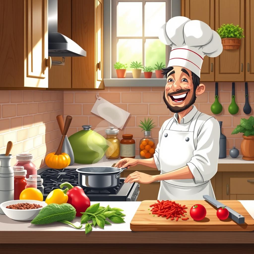 A whimsical and cozy kitchen setting featuring a chef joyfully cooking at a stove, surrounded by various colorful ingredients like fresh vegetables, spices, and herbs