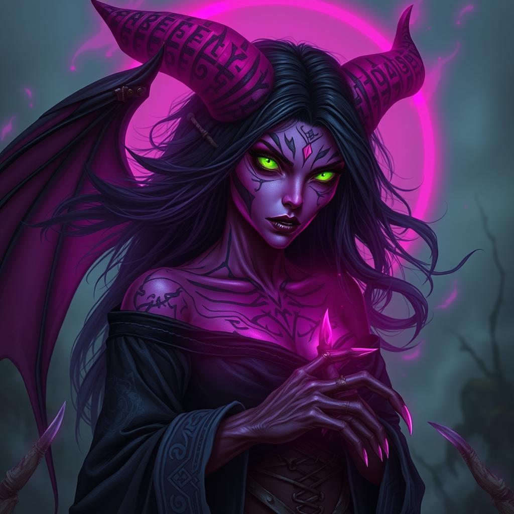 A female plague demon, her skin is a deep shade of purple, adorned with intricate black markings that resemble ancient runes