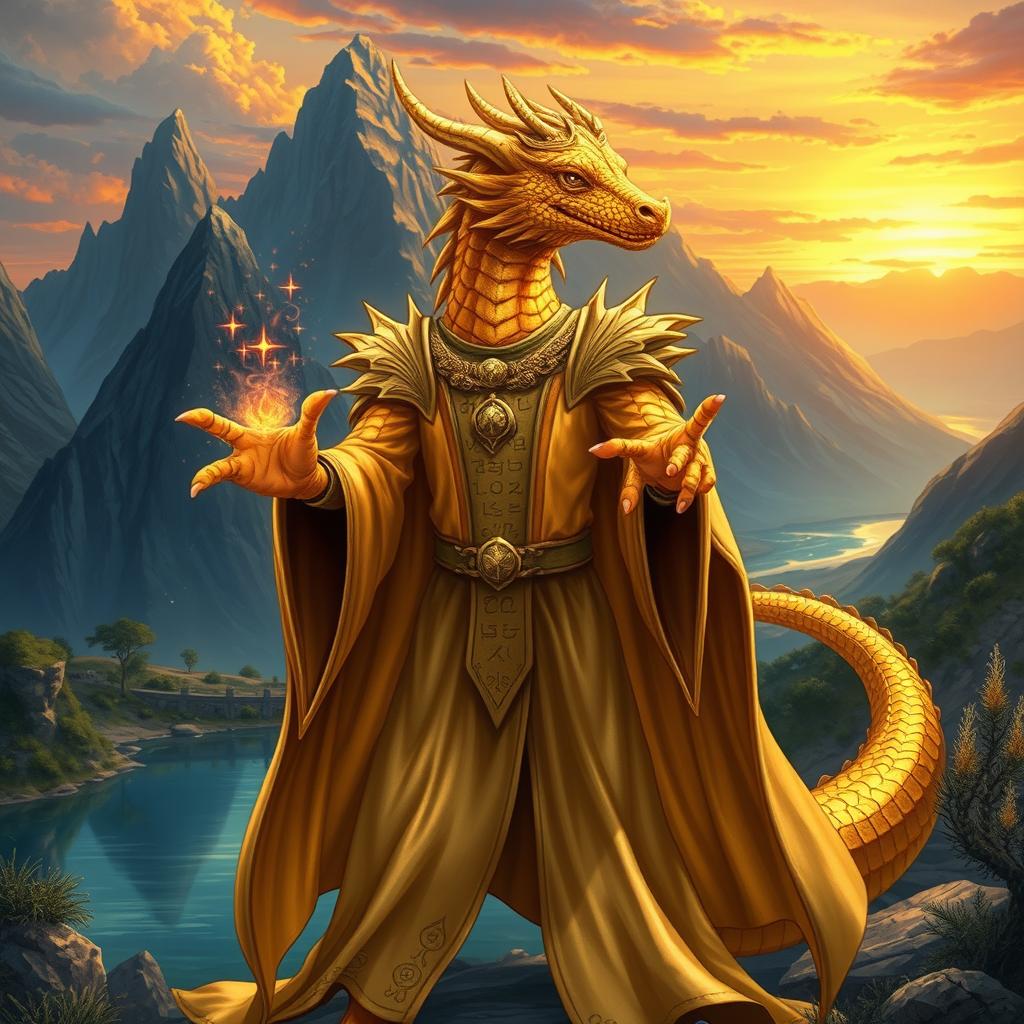 A majestic gold-scaled dragon-human hybrid standing tall in a fantasy setting