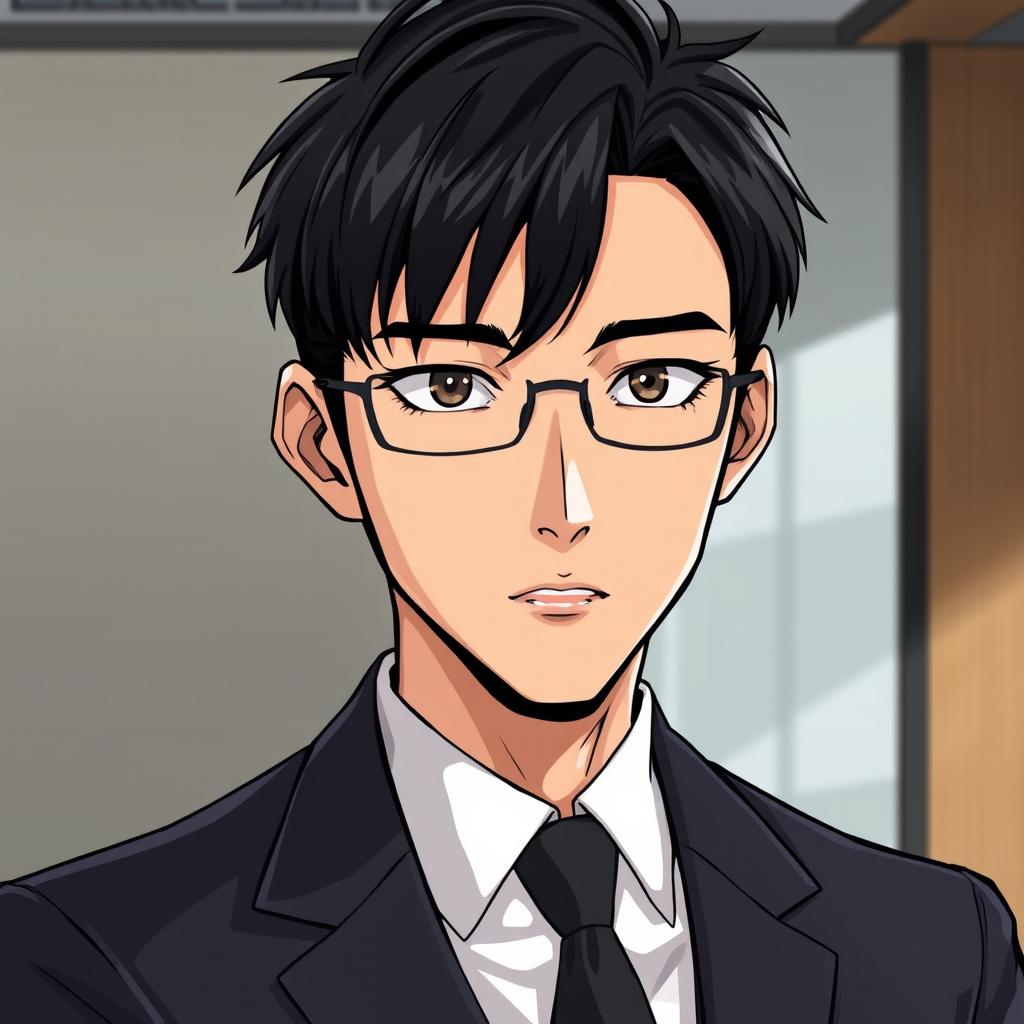 A Korean manga lawyer character with a sharp gaze and neatly styled black hair