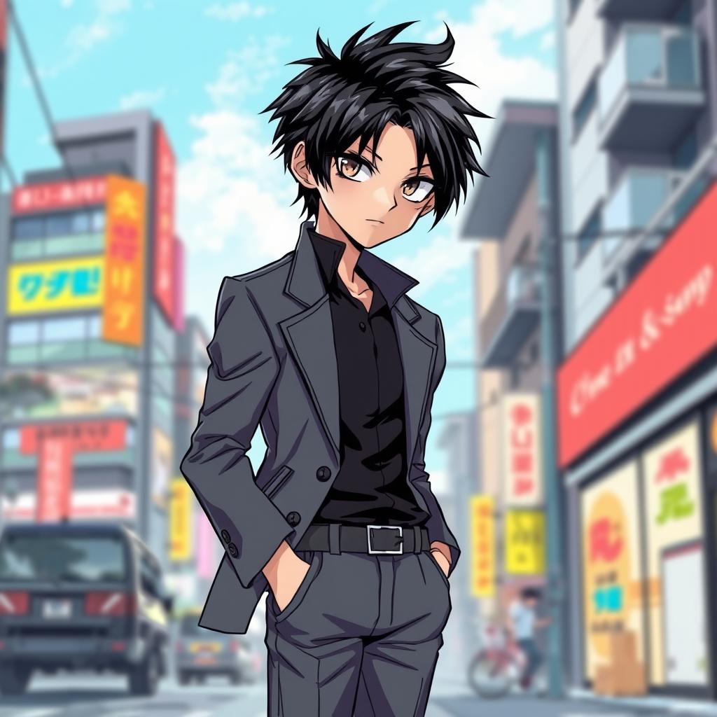 A stylish Korean manga boy character with sharp, intense eyes and neatly arranged black hair, dressed impeccably in fashionable attire