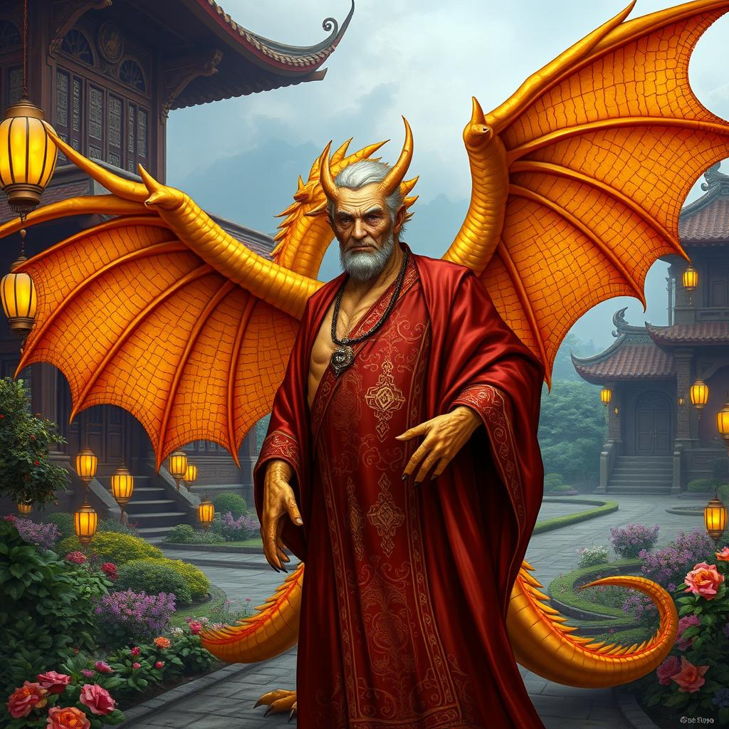An older gold-scaled dragon-human hybrid exuding wisdom and power, standing beside an eastern-inspired manor house with intricate architecture and ornate details