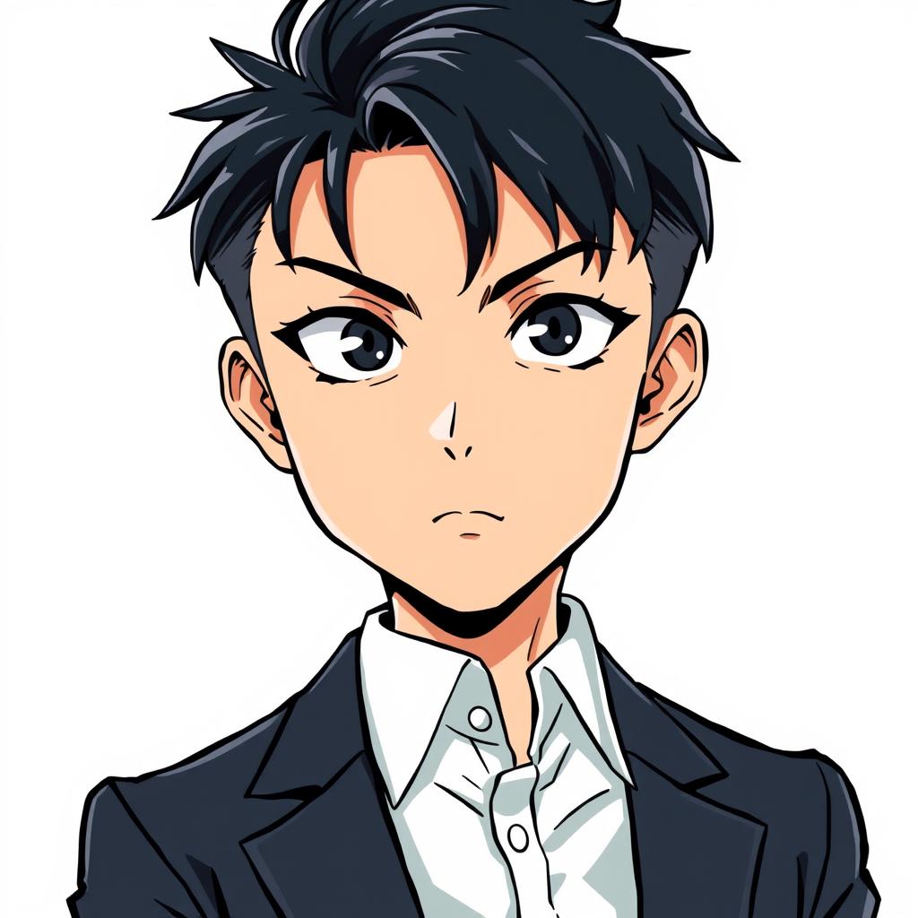 A manga character of a well-dressed Korean boy with sharp, piercing eyes and neatly styled black hair