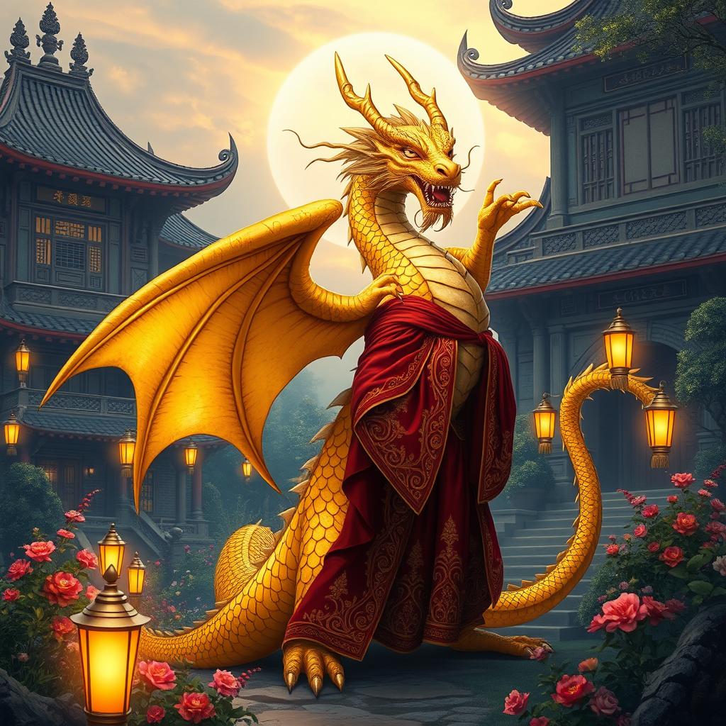 An ancient gold-scaled dragon humanoid, exuding an aura of wisdom and power, stands beside an eastern-inspired manor house adorned with intricate architectural details