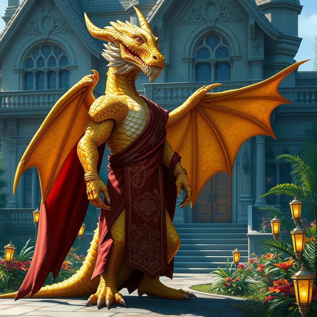 An ancient gold-scaled dragon-human hybrid, embodying wisdom and power, stands beside a grand manor house with elegant architecture