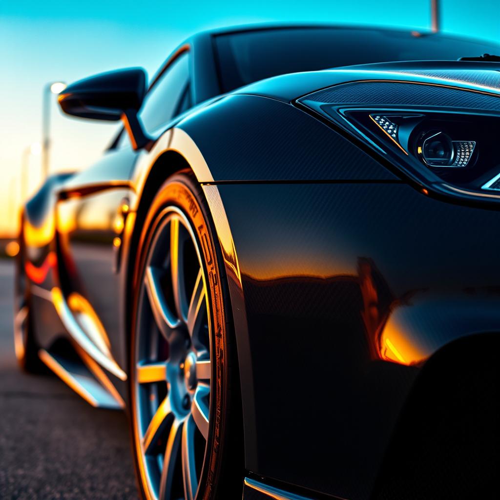 A sleek sports car in a dynamic pose, showcasing its carbon fiber elements prominently