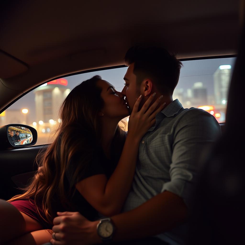 A couple passionately kissing in a car, capturing an intimate moment