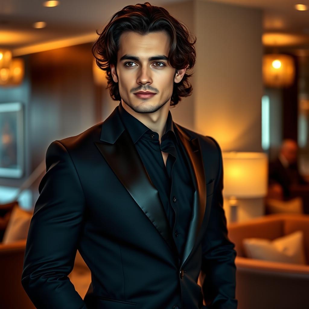 A stylish man dressed in a sleek black suit, showcasing his confident demeanor