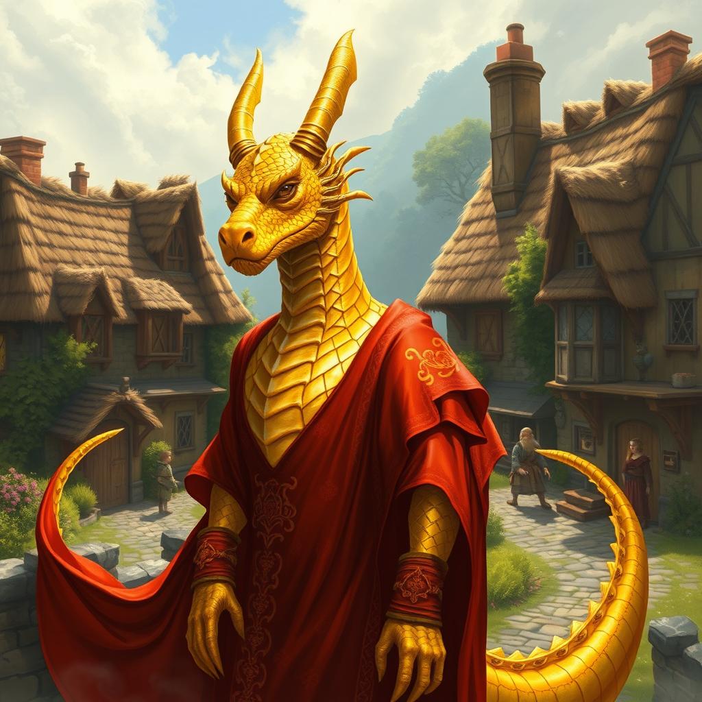 An ancient, elegant gold-scaled dragonborn, embodying grace and ancient wisdom, stands proudly beside a quaint village
