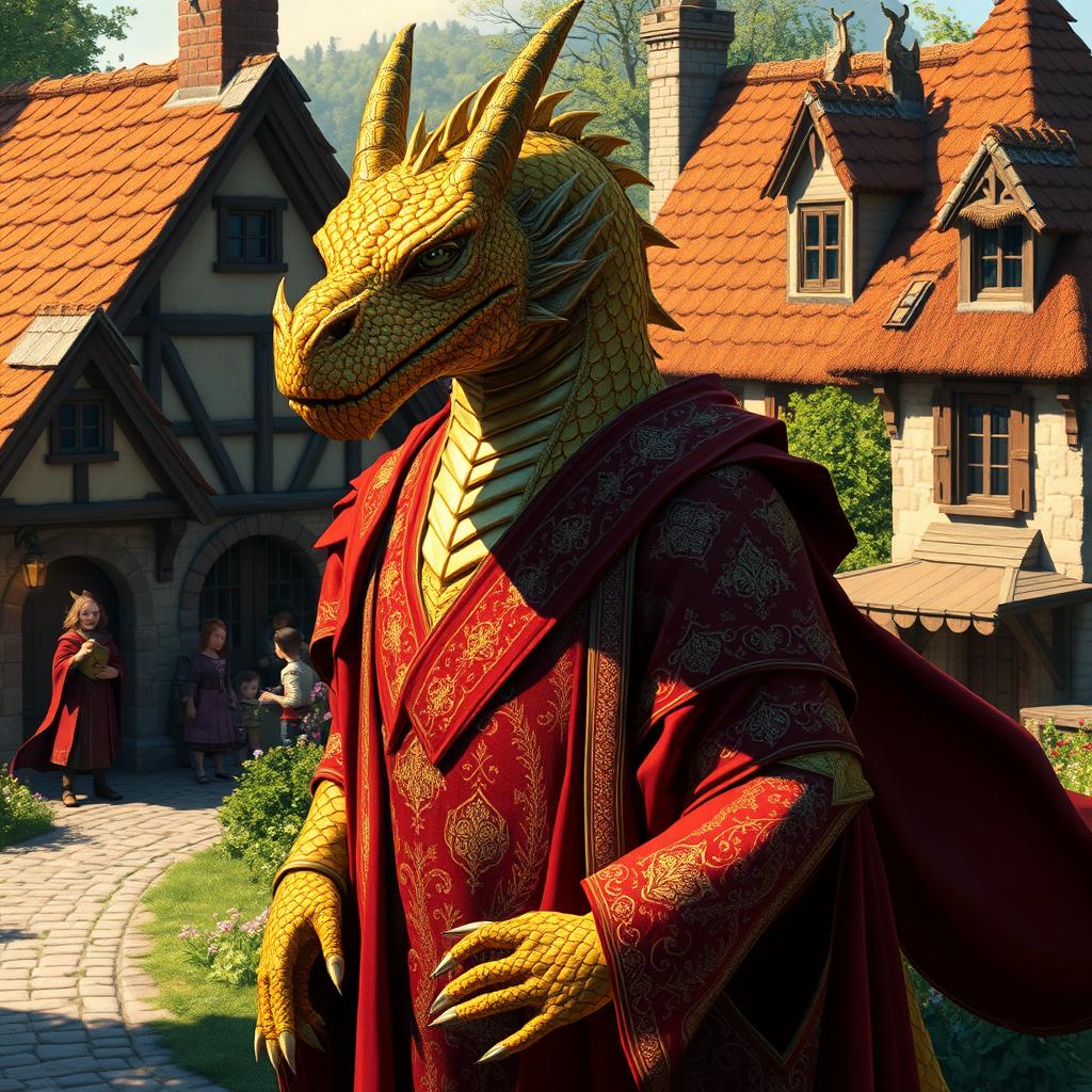 An ancient, elegant gold-scaled dragonborn stands regally beside a charming village, showcasing its majestic presence