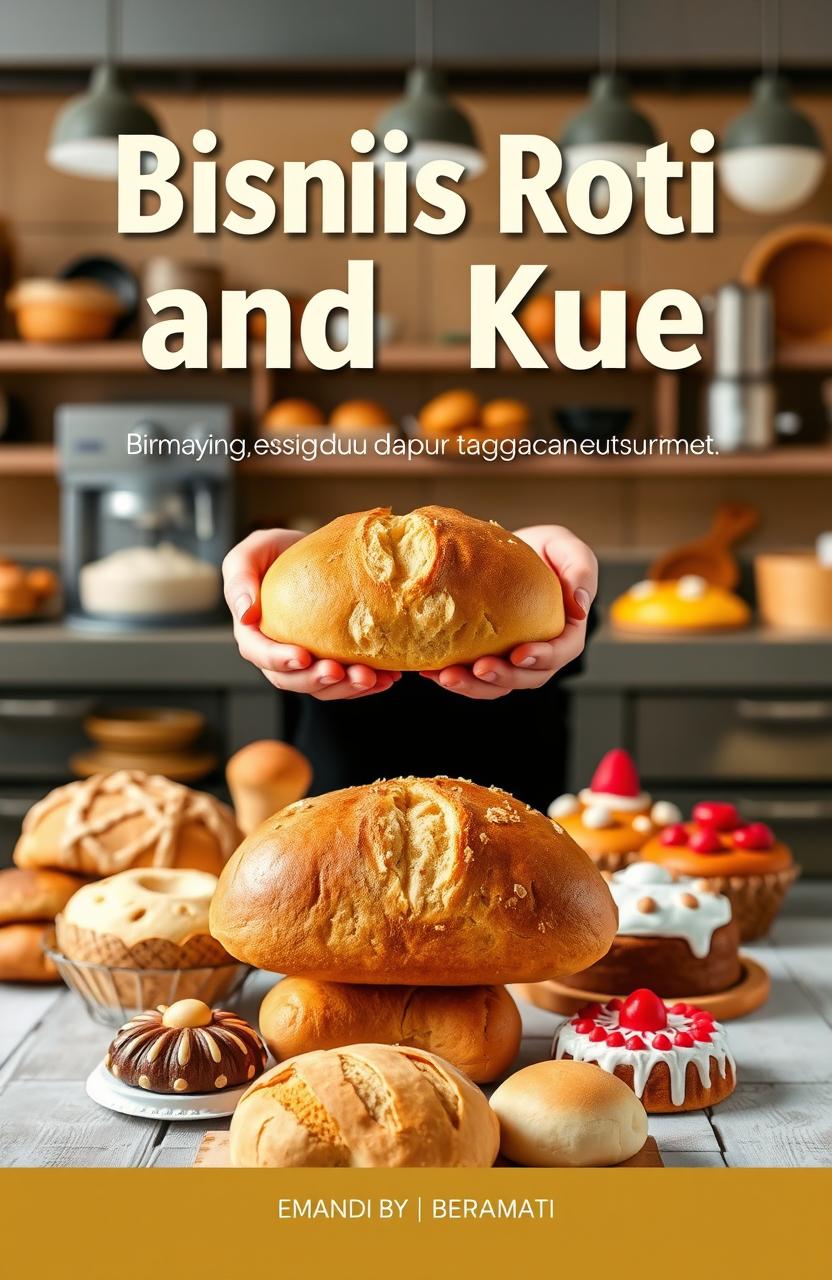 An enticing e-book cover for a title "Bisnis Roti dan Kue: Menyelami Proses dari Dapur hingga Tangan Konsumen", featuring a beautifully arranged display of freshly baked breads, pastries, and cakes
