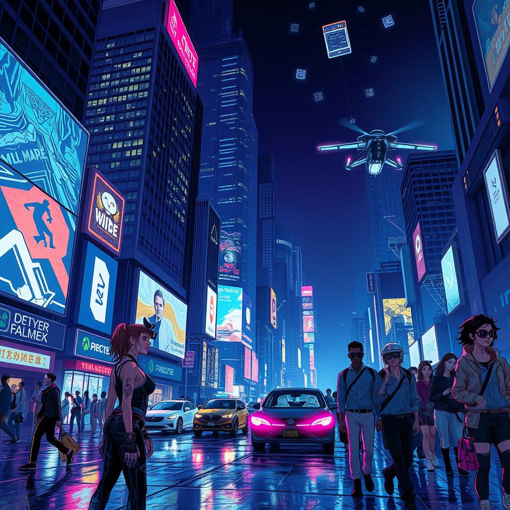 An intricate and detailed illustration of a cyberpunk cityscape at night, illuminated with neon lights reflecting off the wet pavement