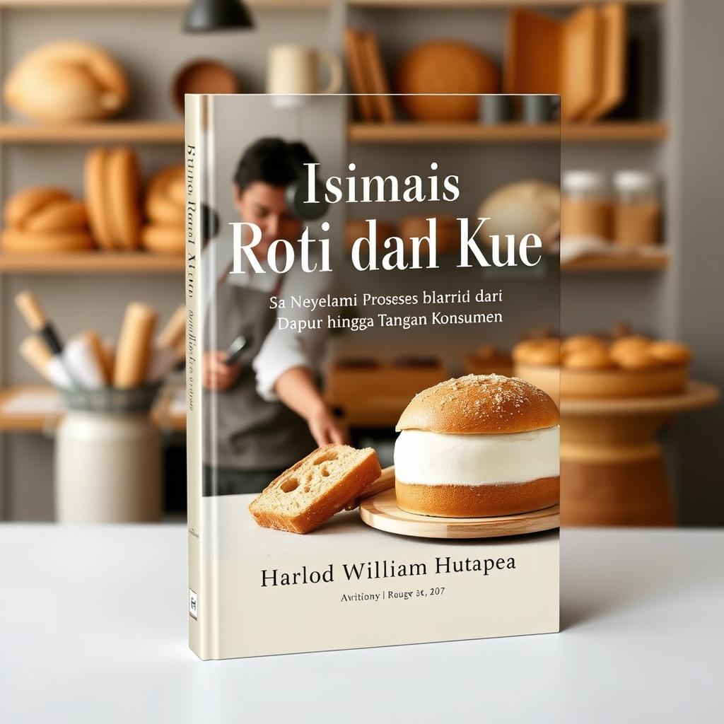 An elegant e-book cover featuring the title "Bisnis Roti dan Kue: Menyelami Proses dari Dapur hingga Tangan Konsumen" prominently displayed