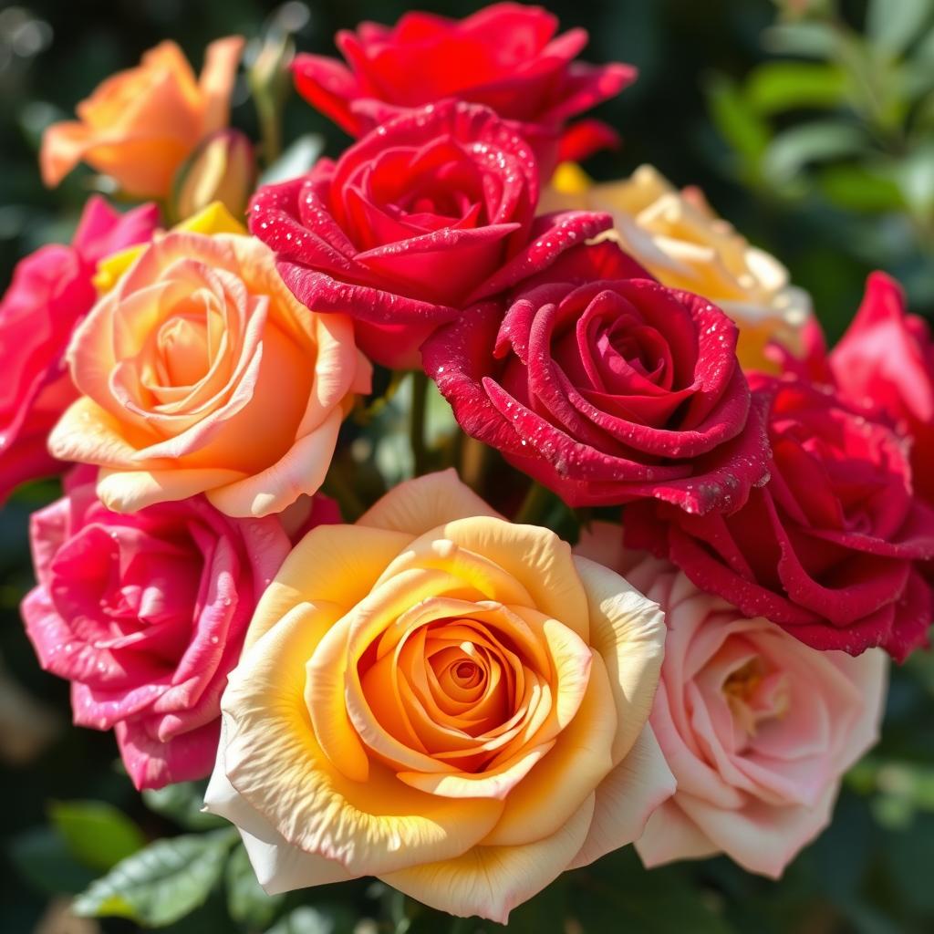 A stunning bouquet of colorful roses in full bloom, featuring a variety of vibrant colors such as red, pink, yellow, and white