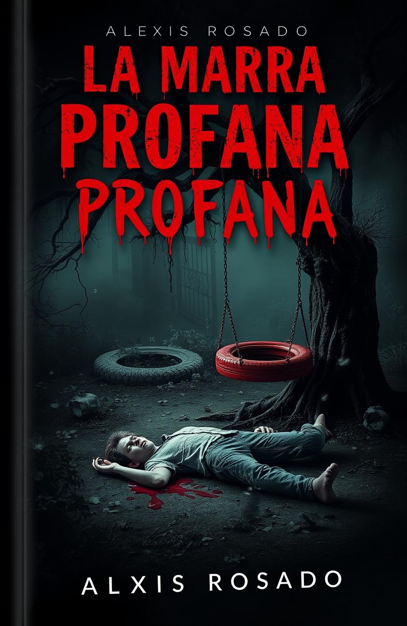A chilling book cover for the horror novel titled "LA MARCA PROFANA" by Alexis Rosado