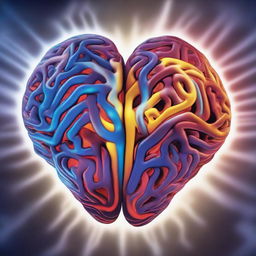 An artistic representation of love and the brain intersecting. The brain, detailed and complex, is glowing with cerebral energy. Intertwined with the brain, a heart-shaped symbol pulsating, emanates warmth and passion.