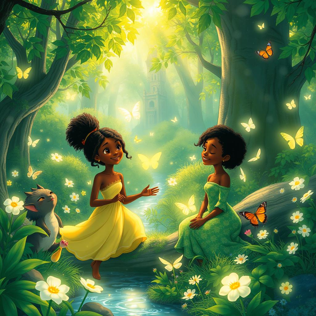 A whimsical, enchanting scene in the style of Studio Ghibli, depicting a serene forest filled with vibrant greenery, glowing flowers, and sparkling sunlight filtering through the leaves