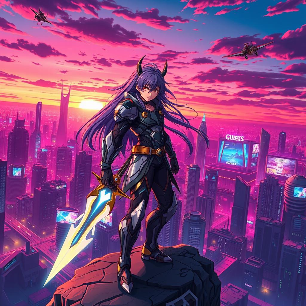 A vibrant anime scene featuring a fierce and heroic character with long flowing hair, clad in a detailed futuristic armor, standing atop a cliff overlooking a sprawling cyberpunk city at sunset