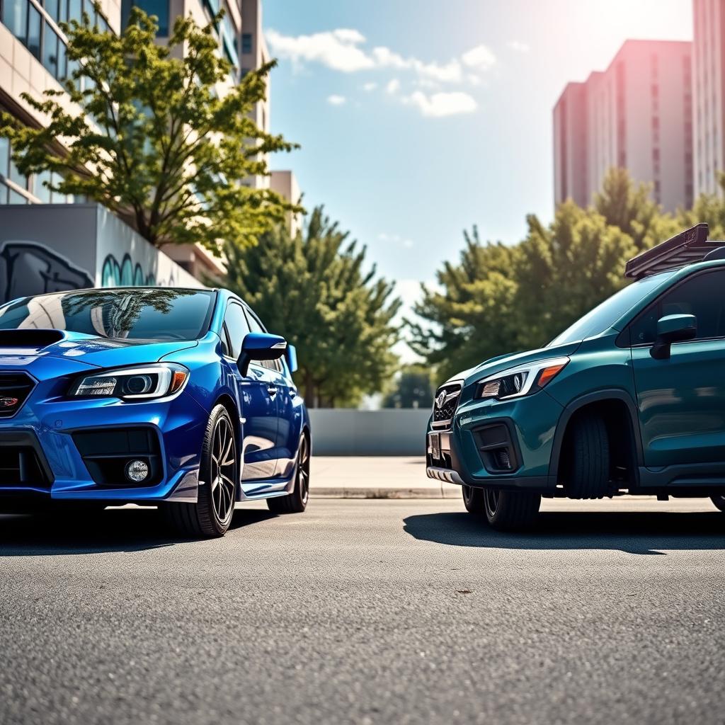 A stunning side view of a Bugeye Subaru WRX and a Subaru Forester XT parked side by side in an urban setting