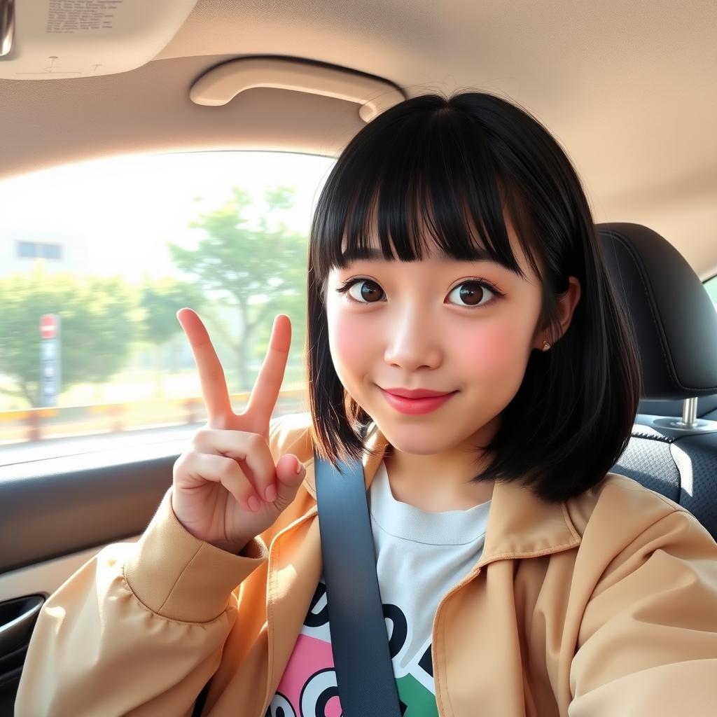 A vibrant and stylish scene inside a car featuring Hana, a young woman with shoulder-length dark hair and big expressive eyes, playfully making an 'owo' face