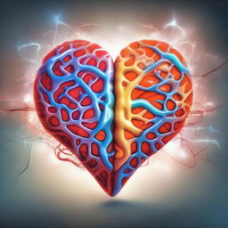 An artistic representation of love and the brain intersecting. The brain, detailed and complex, is glowing with cerebral energy. Intertwined with the brain, a heart-shaped symbol pulsating, emanates warmth and passion.