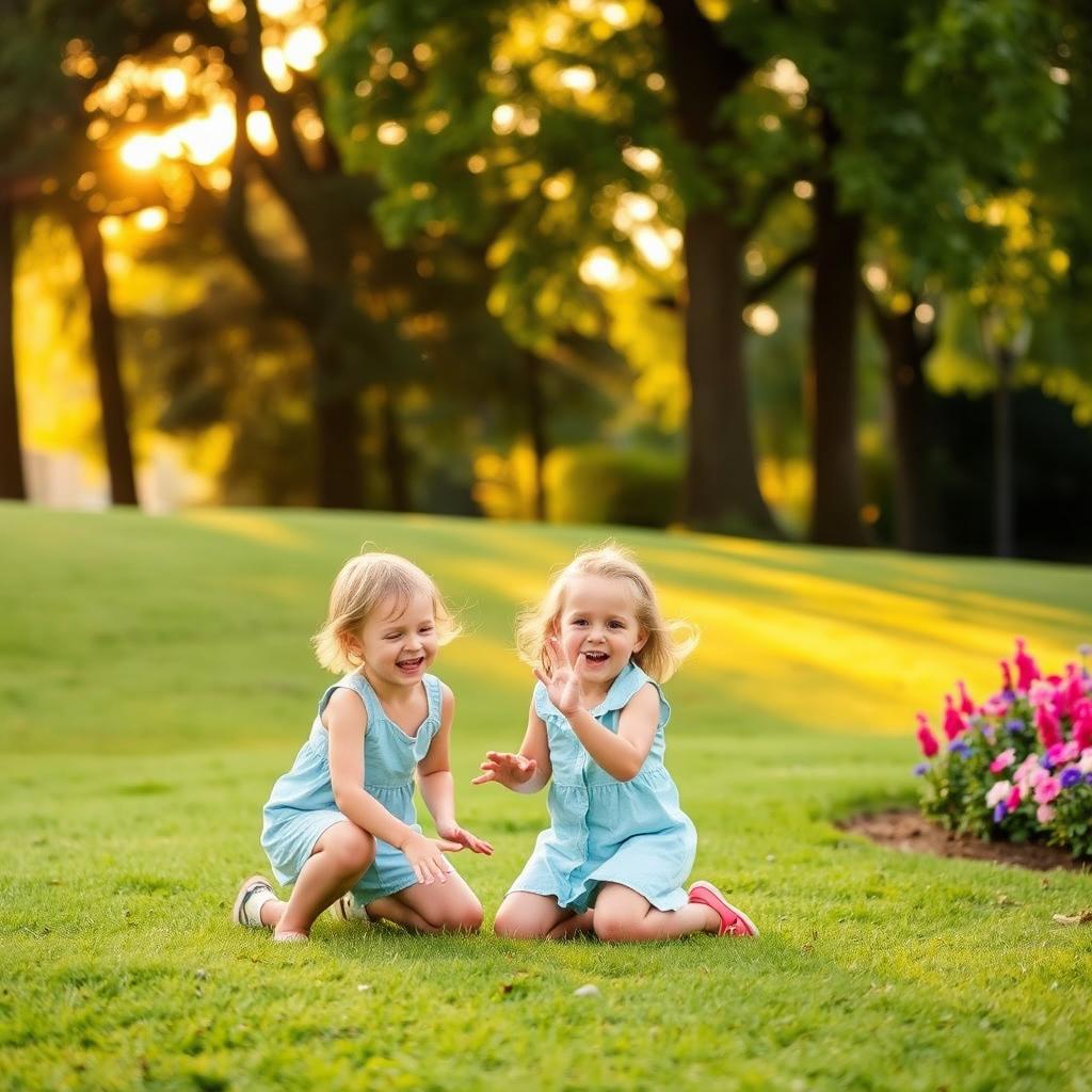 A serene park scene during the golden hour, featuring two joyful children playing together on a lush green lawn
