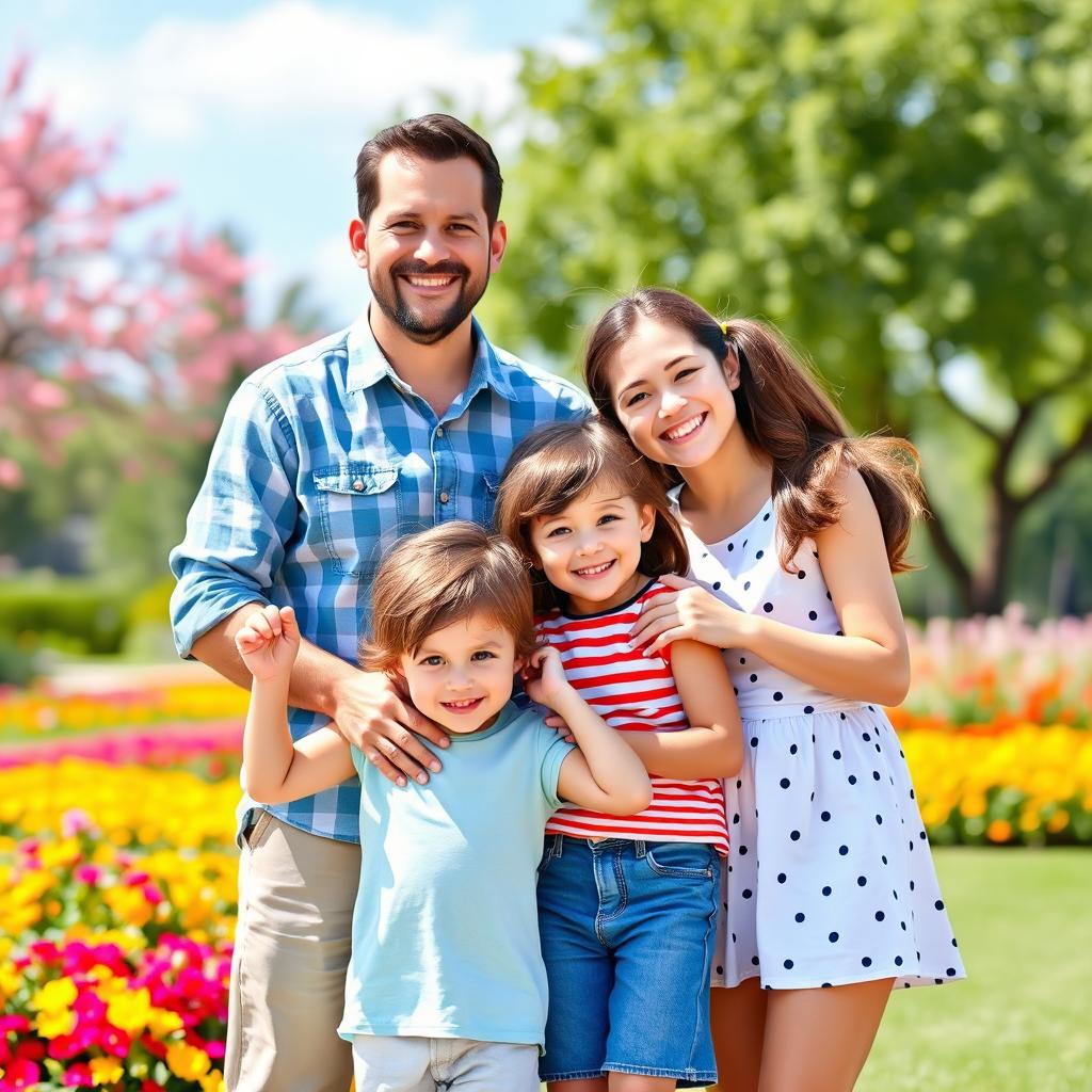 A heartwarming family portrait featuring two children aged 3-5 who resemble both parents, showcasing a joyful and loving atmosphere