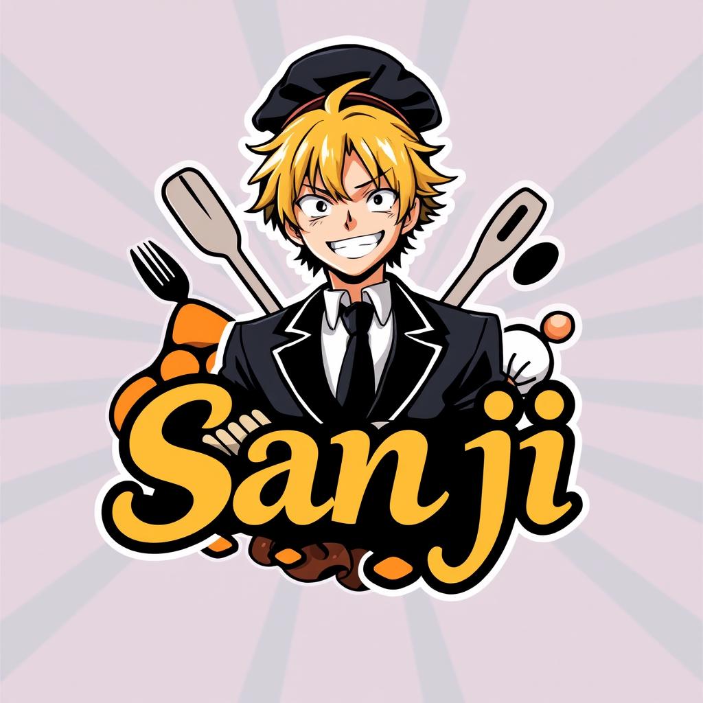 A bold and dynamic logo design featuring the character Sanji from a popular anime, showcasing his signature features such as his blonde hair, black suit, and charming smile
