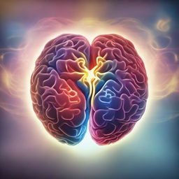 An artistic representation of love and the brain intersecting. The brain, detailed and complex, is glowing with cerebral energy. Intertwined with the brain, a heart-shaped symbol pulsating, emanates warmth and passion.