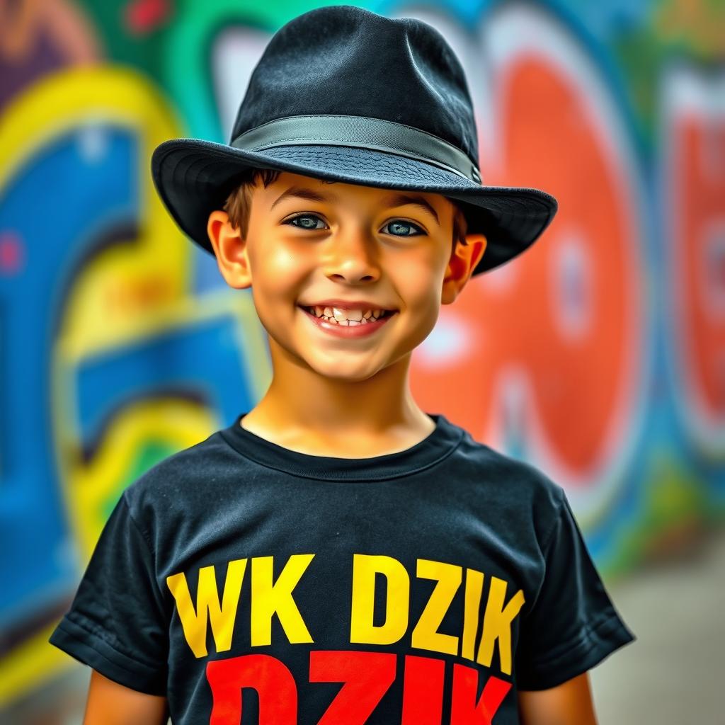 A young boy wearing a stylish black hat and a black t-shirt featuring the bold text 'WK DZIK' prominently displayed