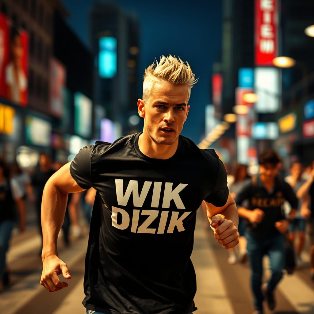 A man with striking blonde hair wearing a black t-shirt that features the bold text 'WK DZIK' as he runs energetically through a vibrant cityscape