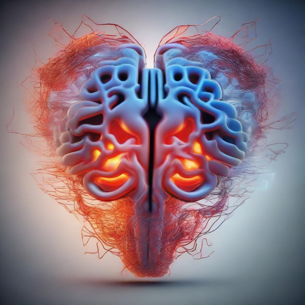 An artistic representation of love and the brain intersecting. The brain, detailed and complex, is glowing with cerebral energy. Intertwined with the brain, a heart-shaped symbol pulsating, emanates warmth and passion.