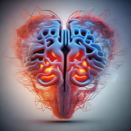 An artistic representation of love and the brain intersecting. The brain, detailed and complex, is glowing with cerebral energy. Intertwined with the brain, a heart-shaped symbol pulsating, emanates warmth and passion.