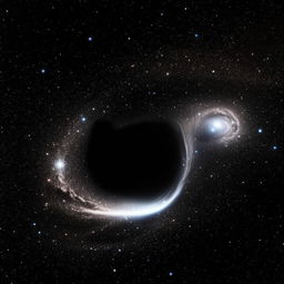 An intensely powerful black hole in the vastness of space, surrounded by swirling galaxies and stars, pulling light into its dark abyss.