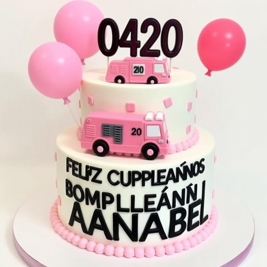 A beautifully designed three-tier birthday cake featuring pastel pink and white colors, adorned with bold black letters that read 'Feliz Cumpleaños Bombera Anabel'
