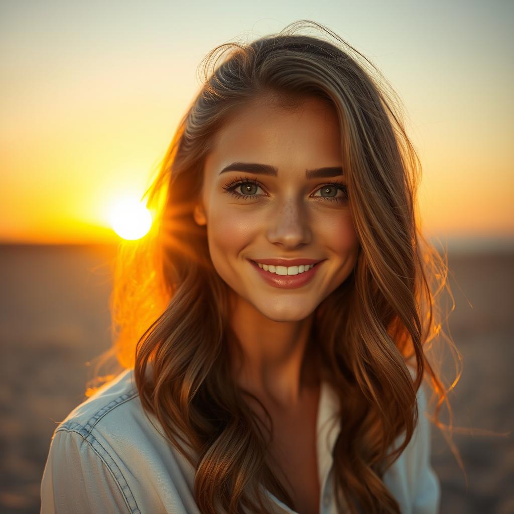 A beautiful young woman with long wavy brown hair, glowing skin, and bright hazel eyes, smiling softly