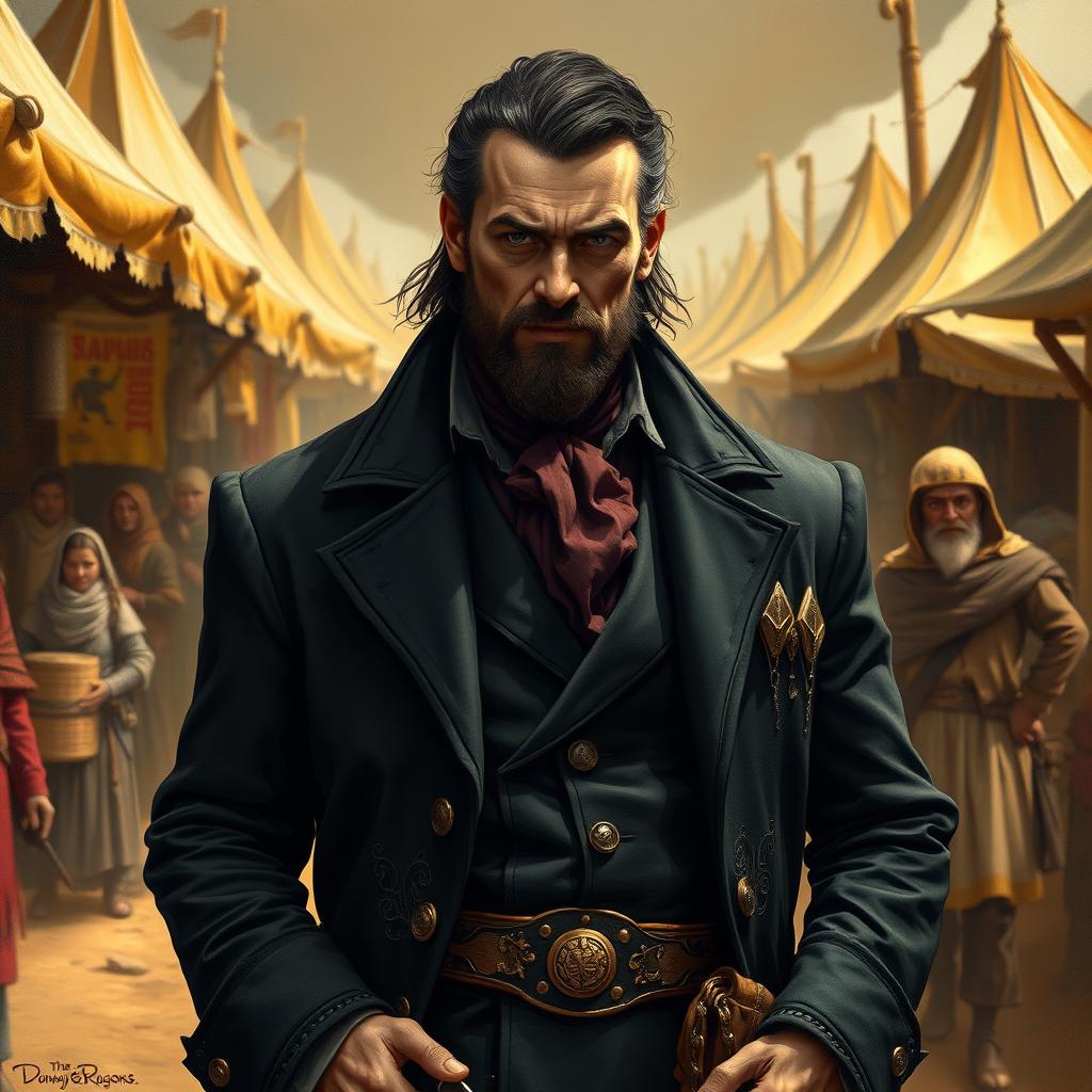 A well-dressed slave trader exuding an air of arrogance and cunning, dressed in luxurious clothing featuring a tailored dark coat with intricate embroidery and stylish accessories
