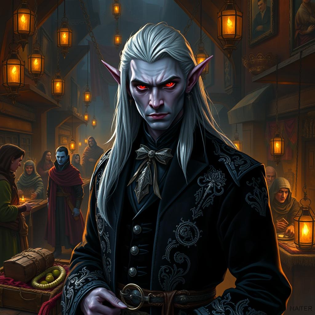A dark-elf slave trader dressed in fine medieval clothing exuding an air of sophistication and deceit