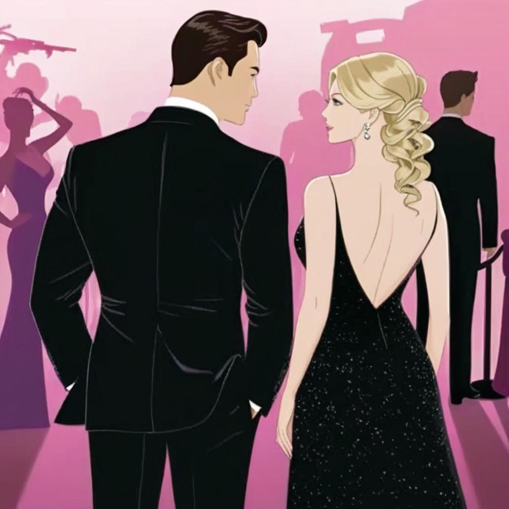 The two main characters are in focus: a man in a black suit and a blonde woman with her back turned, wearing a long black evening dress. The duo are depicted as if they are on the red carpet or getting ready to go on stage, with their chic and striking appearances. The background is a gradient of pink to purple, creating a romantic and emotional atmosphere. In addition, behind the duo are faint silhouettes of a crowd of spectators and elements that suggest stage lights. These are used to suggest a performance setting – perhaps a stage, a gala or an awards ceremony, for example. All these elements together create a sumptuous ambiance that reflects love and drama behind the scenes.