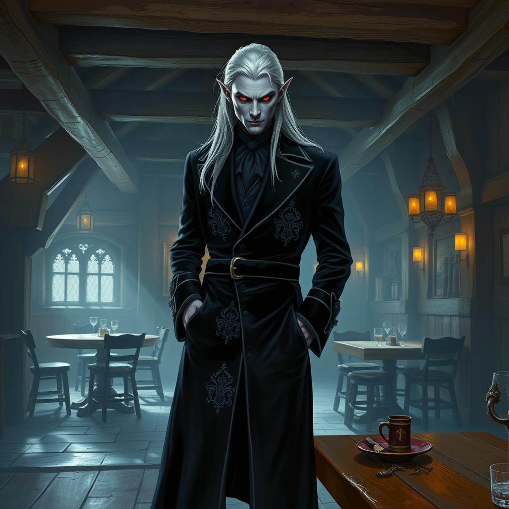 A well-dressed dark-elf slave trader stands confidently in an empty tavern, exuding an air of sophistication and menace