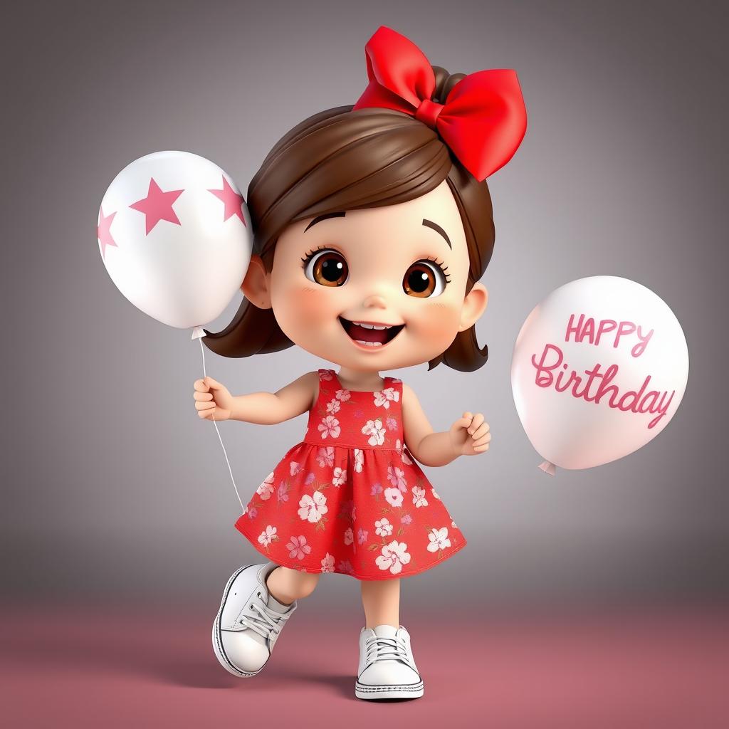 A 3D image of a cute smiling girl in Disney and Pixar style, featuring brown hair and brown eyes