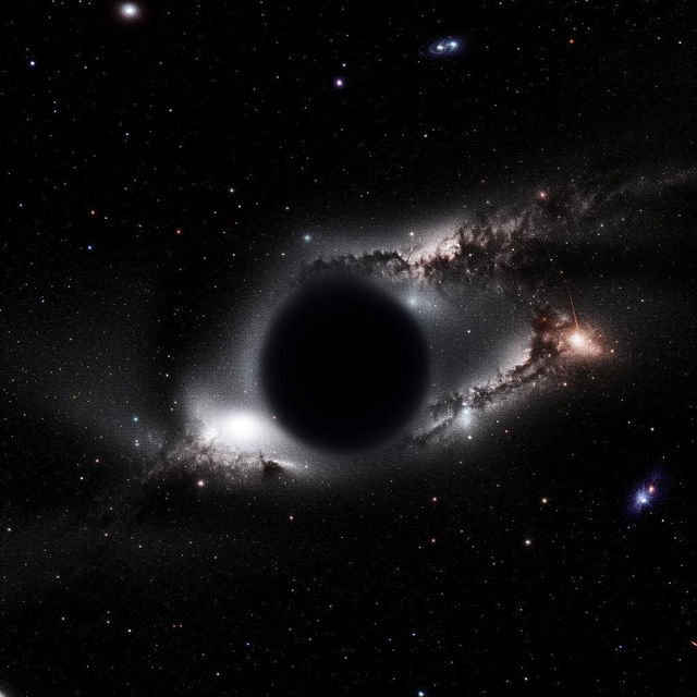 An intensely powerful black hole in the vastness of space, surrounded by swirling galaxies and stars, pulling light into its dark abyss.