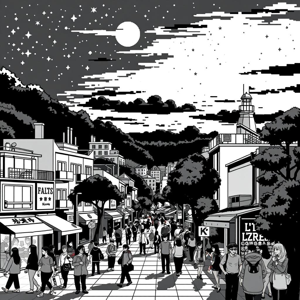 A pixel art scene in black and white, featuring an urban landscape with detailed buildings, trees, and a bustling street filled with people