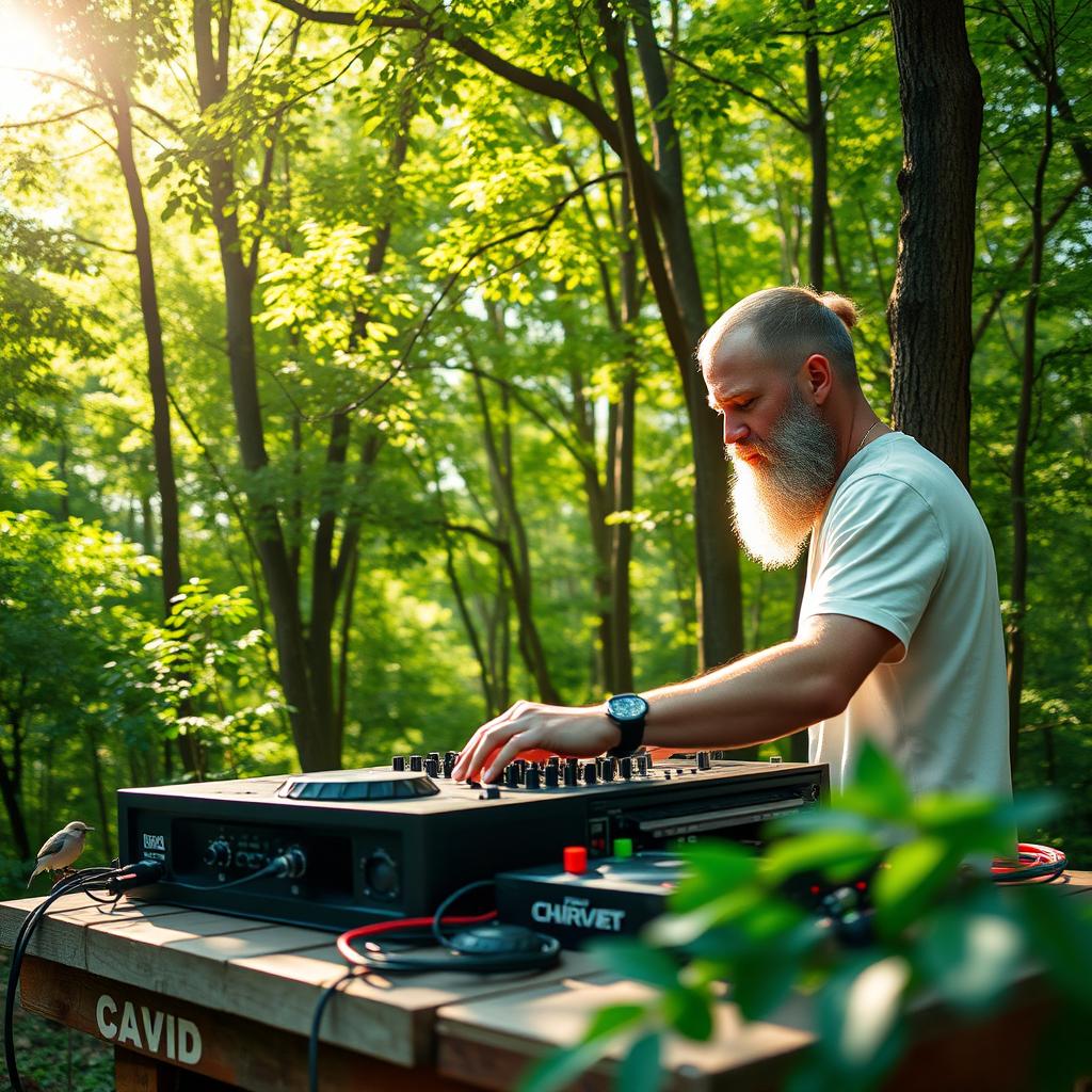 A white DJ with a beard set up in a vibrant forest during a sunny day