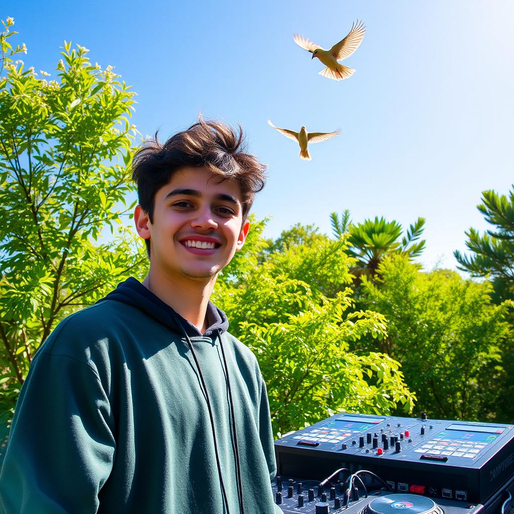 A handsome 19-year-old man resembling a mix of David Reyes Cubillas stands in a vibrant green forest under a clear blue sky